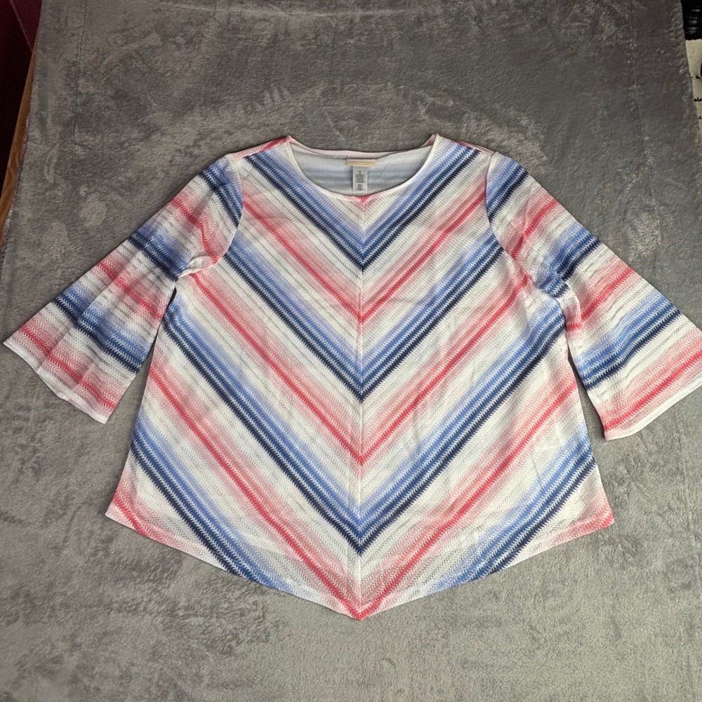 Alfred Dunner Blouse Womens 2X Pink Blue Striped Chevron Sharkbite Knit Top